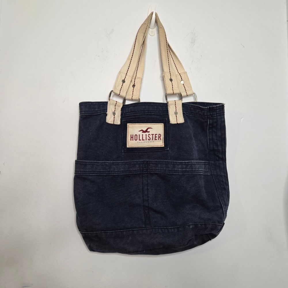Hollister California Navy Blue Canvas Tote Bag Beach School Carryall Logo Patch